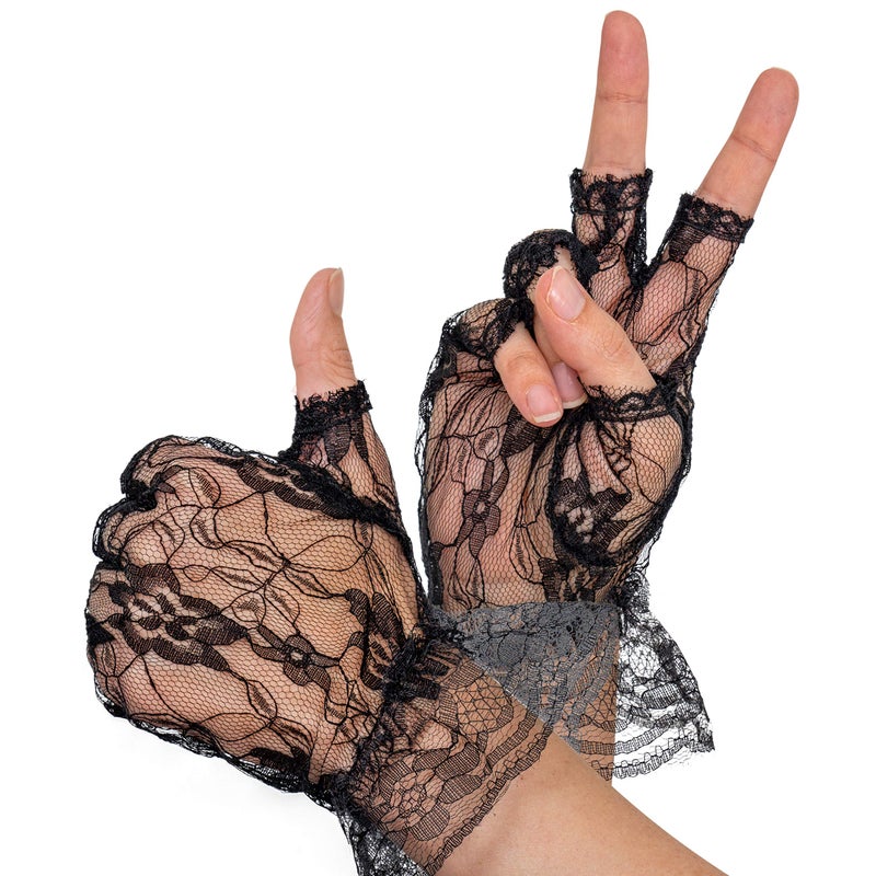 Skeleteen Fingerless Lace Black Gloves - Ladies and Girls Ruffled Lace Finger Free Bridal Wrist Gloves - Image 4